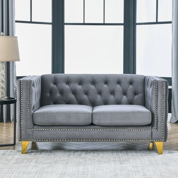 Gray Classic 58" Velvet Chesterfield Loveseat Sofa with Button Tufted Backrest Bed Bath